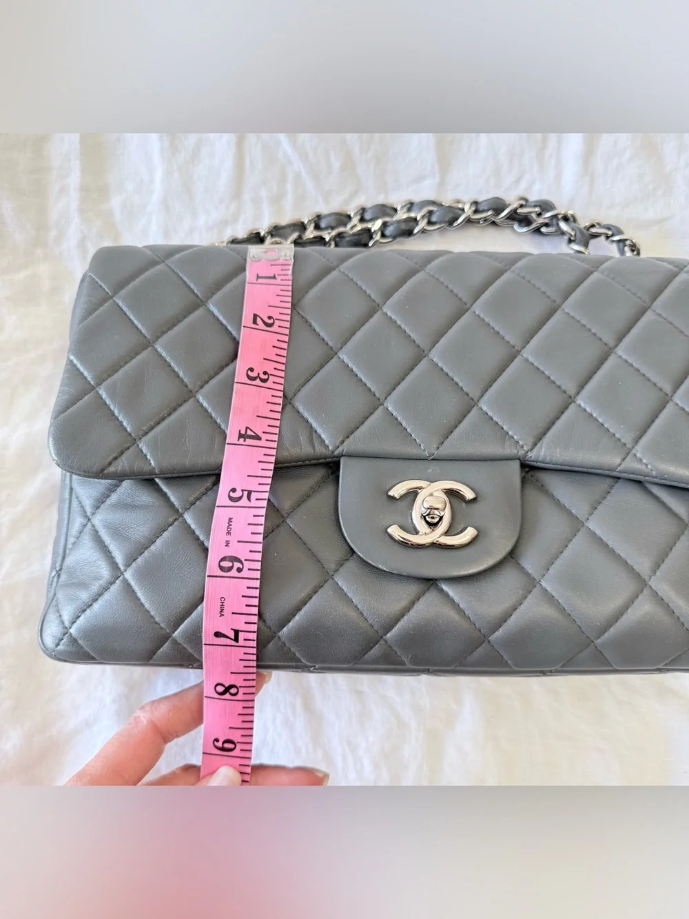 Chanel | Gray Jumbo Classic Single Flap Lambskin Shoulder Bag | Silver Tone HW